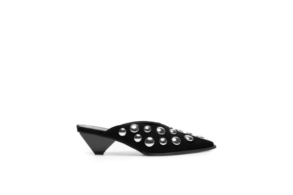 Mule Feminino Bico Fino Com Taxas Em Couro - Preto