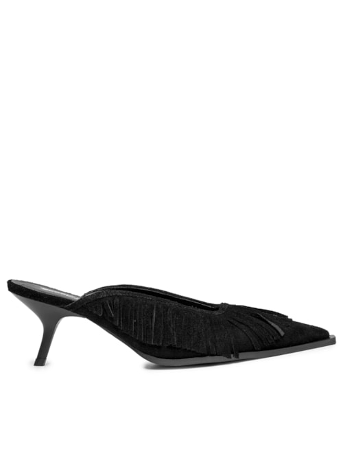 Mule Feminino Bico Fino E Franjas Em Couro – Preto