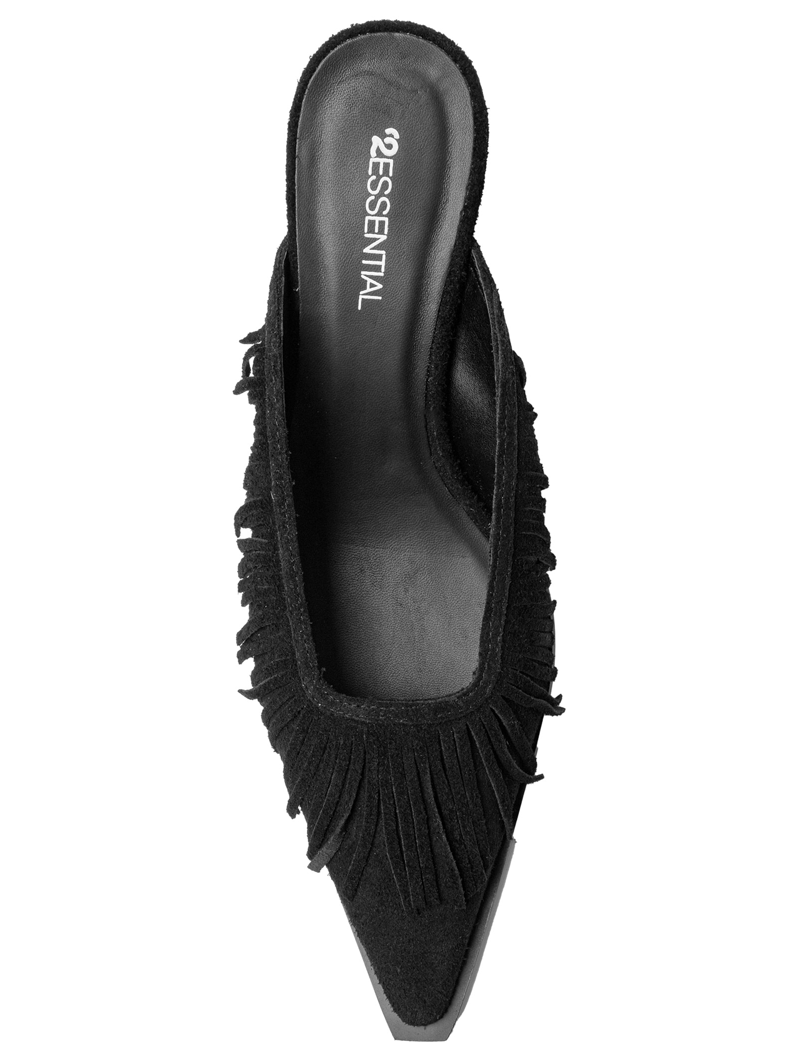 Mule Feminino Bico Fino E Franjas Em Couro Preto '2Essential