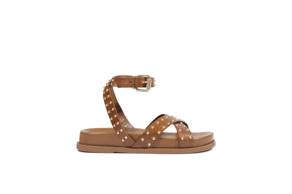 Papete Feminina Flatform Fivela Tachas Couro - Marrom