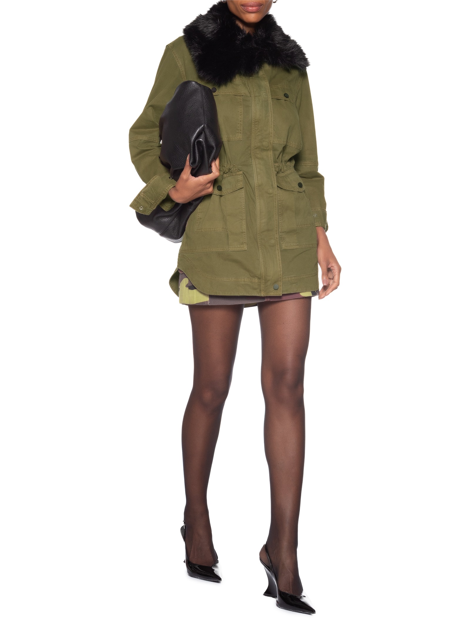 Parka Feminina Sarja Gola Fur Verde Animale Jeans