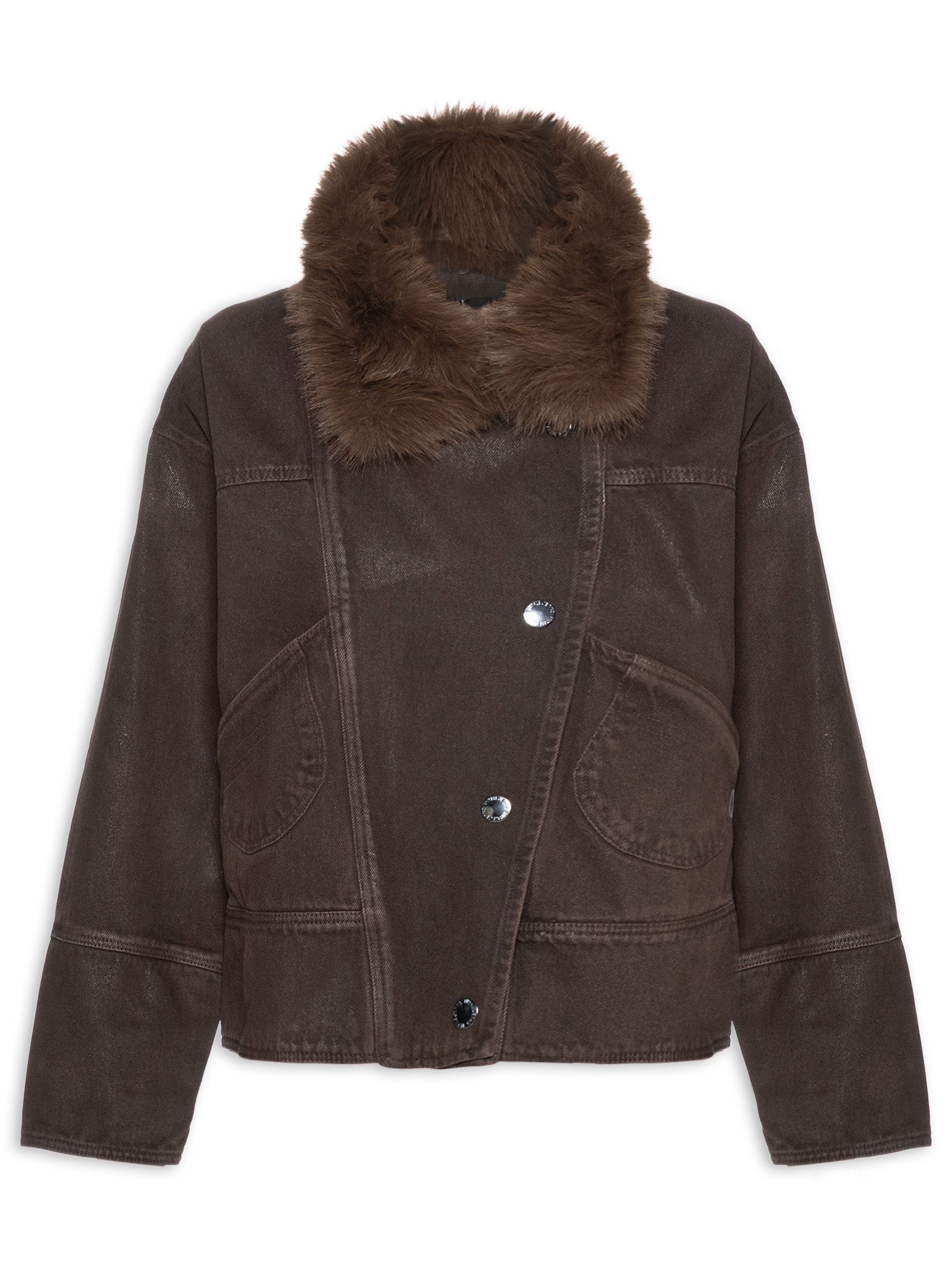 Parka Feminina Sarja Resinada Gola Fur Marrom Animale Jeans