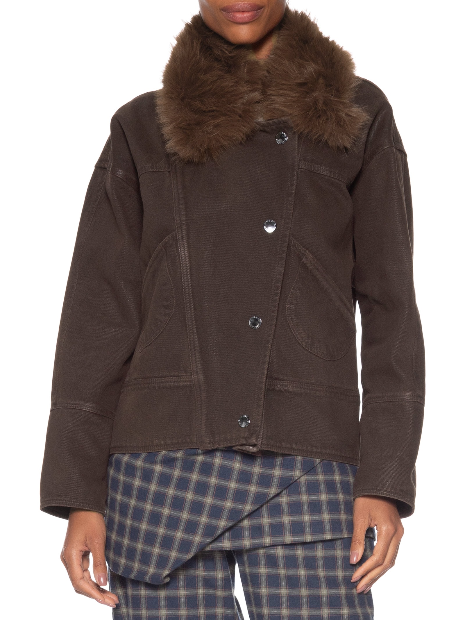 Parka Feminina Sarja Resinada Gola Fur Marrom Animale Jeans