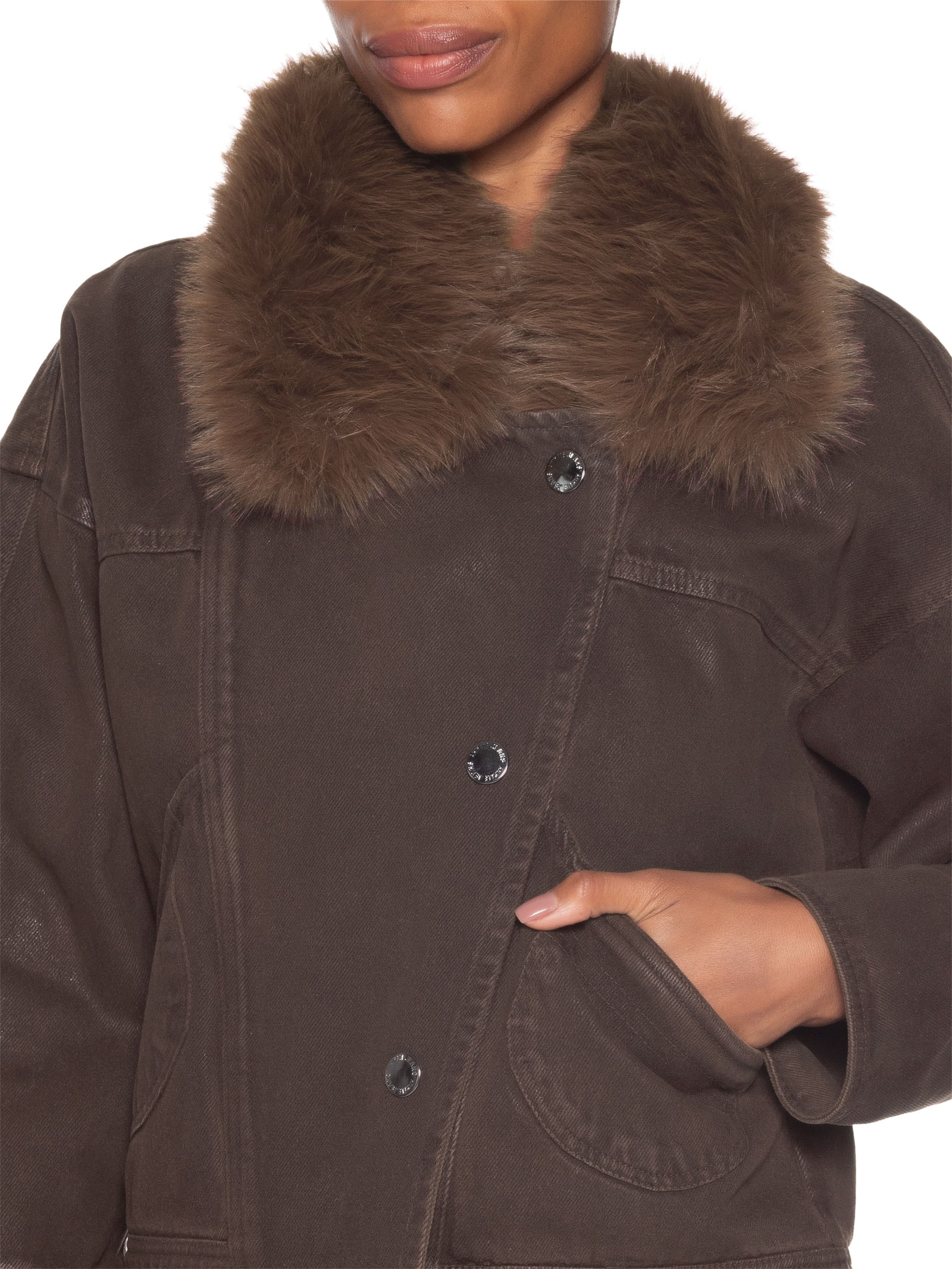 Parka Feminina Sarja Resinada Gola Fur Marrom Animale Jeans
