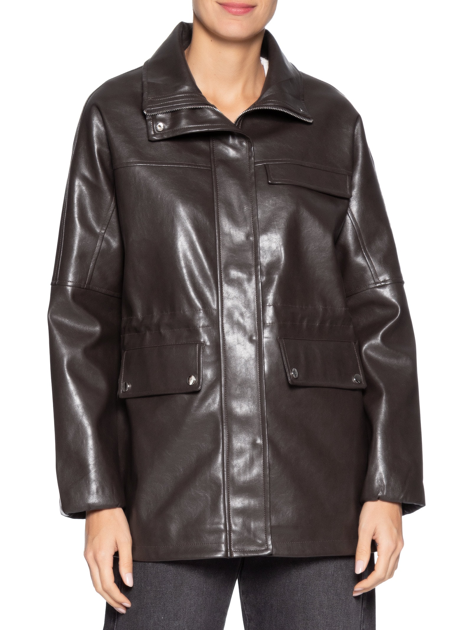 Parka Feminina Utilitária Gola Alta Marrom Basiq