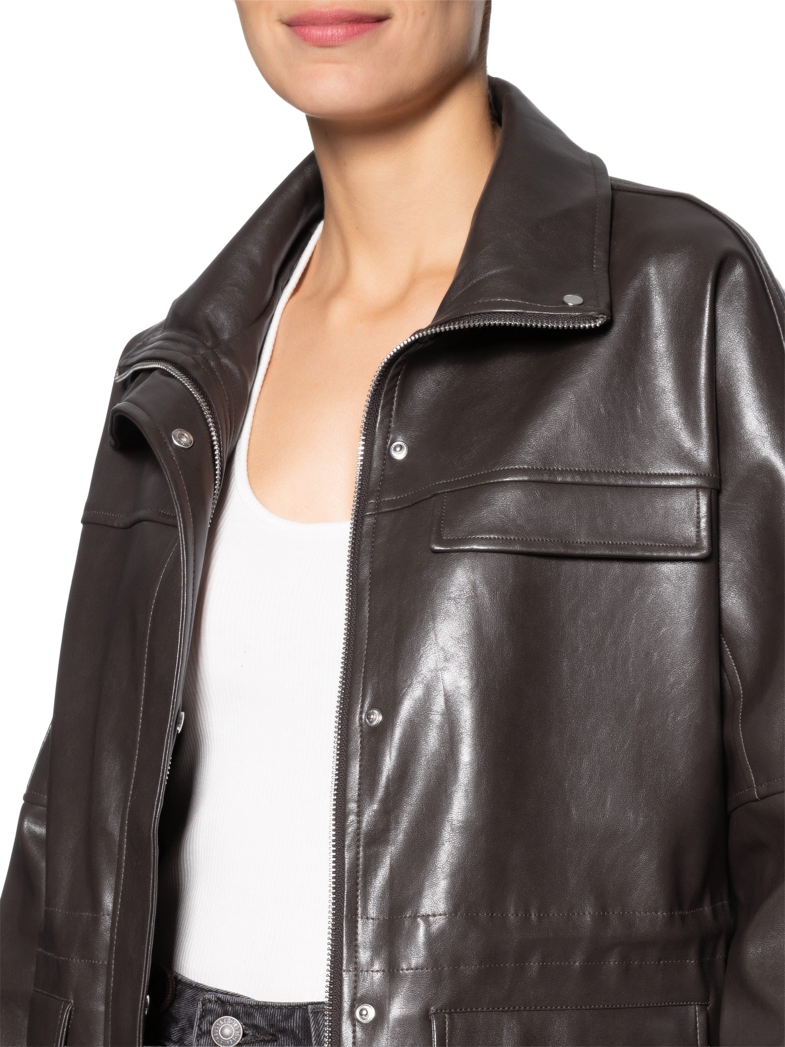 Parka Feminina Utilitária Gola Alta Marrom Basiq