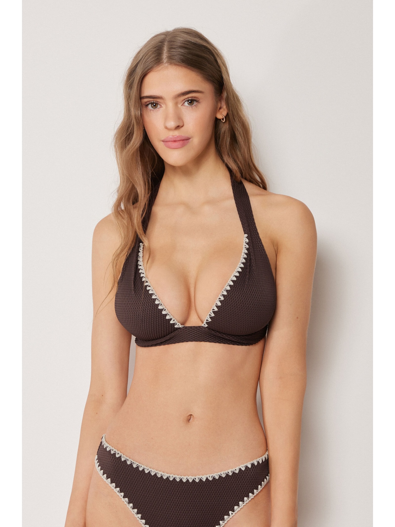 Parte De Cima De Biquíni Triângulo Almofadado Bicolor Embroidery Marrom Calzedonia