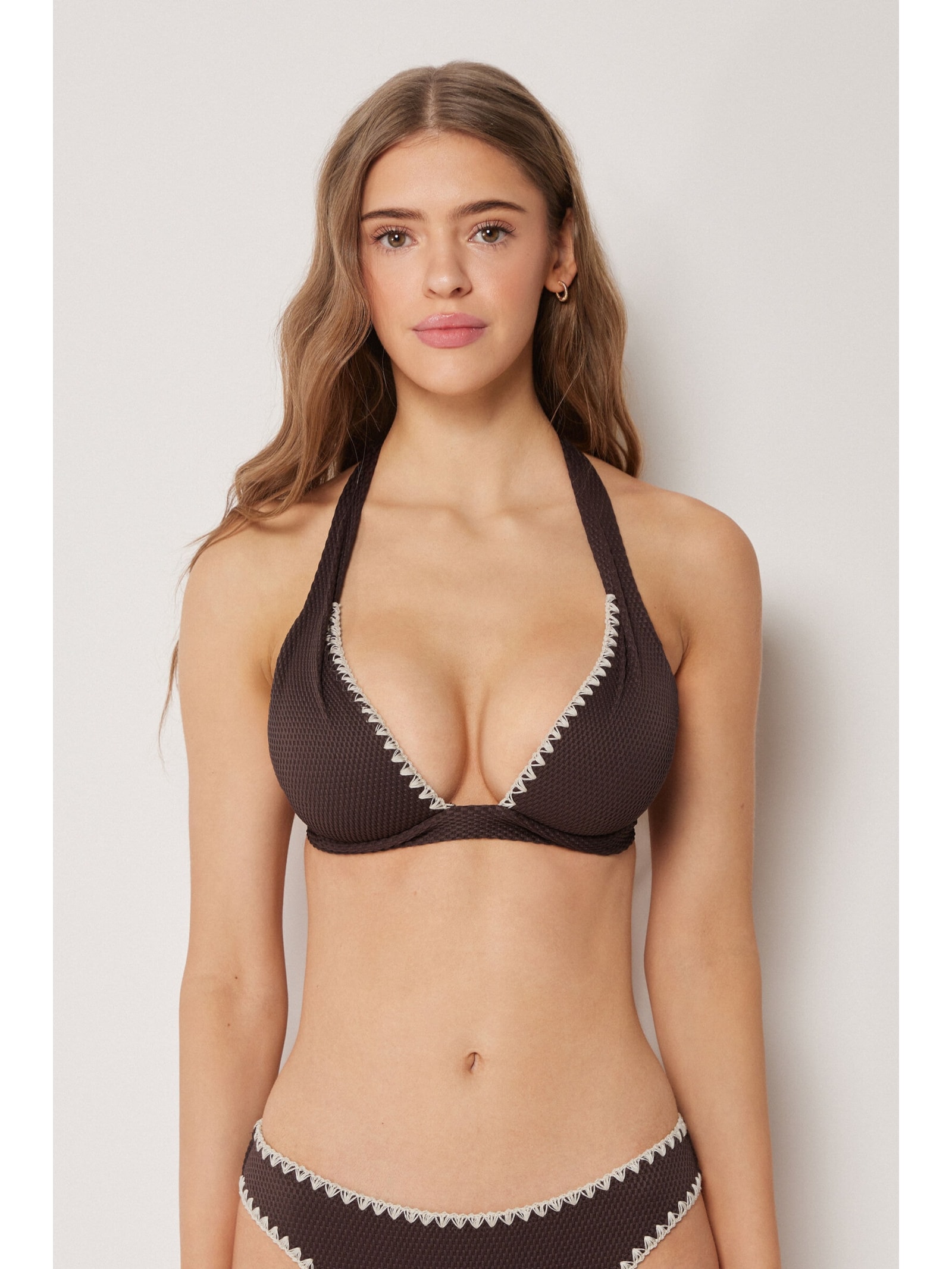 Parte De Cima De Biquíni Triângulo Almofadado Bicolor Embroidery Marrom Calzedonia