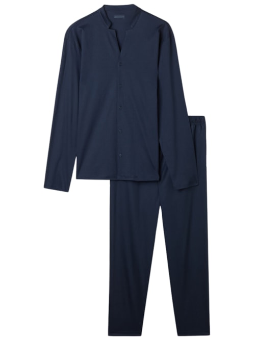 Pijama Comprido Aberto Na Frente Em Algodão - Azul