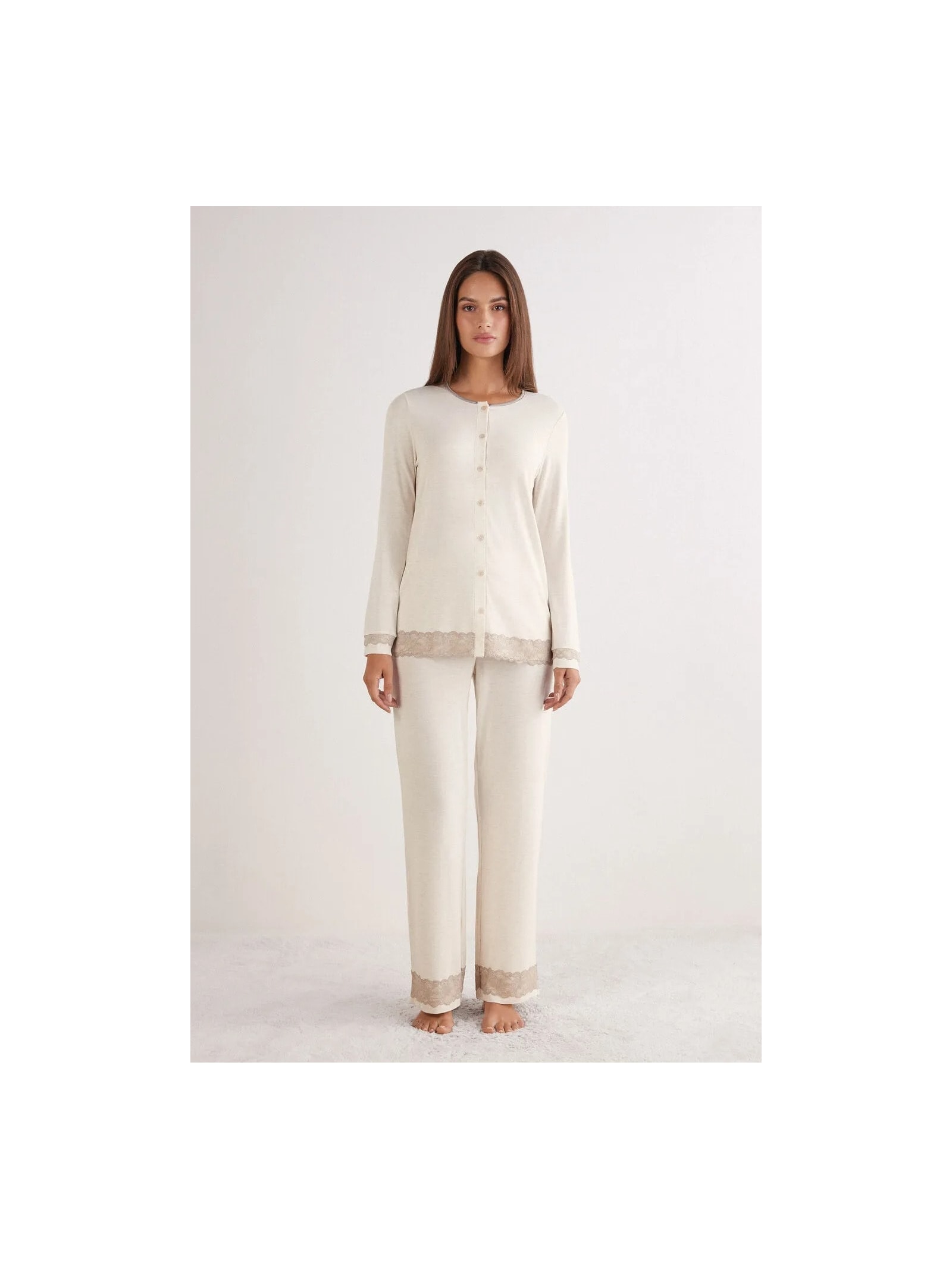 Pijama Comprido Com Camisa Em Modal e Renda Off-White Intimissimi