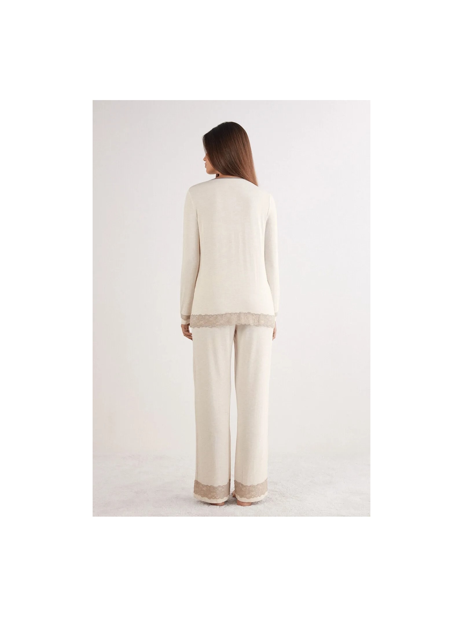 Pijama Comprido Com Camisa Em Modal e Renda Off-White Intimissimi