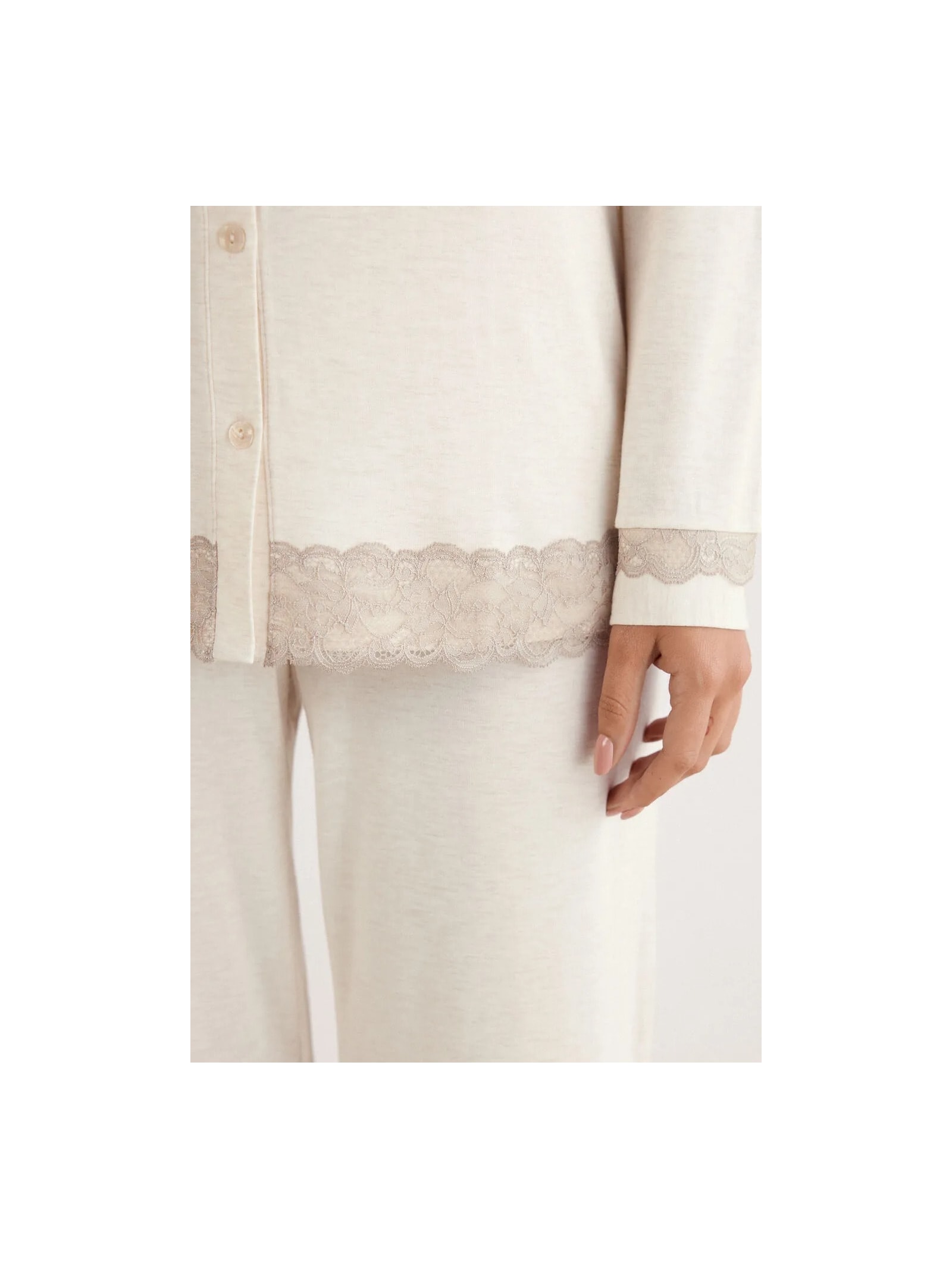 Pijama Comprido Com Camisa Em Modal e Renda Off-White Intimissimi