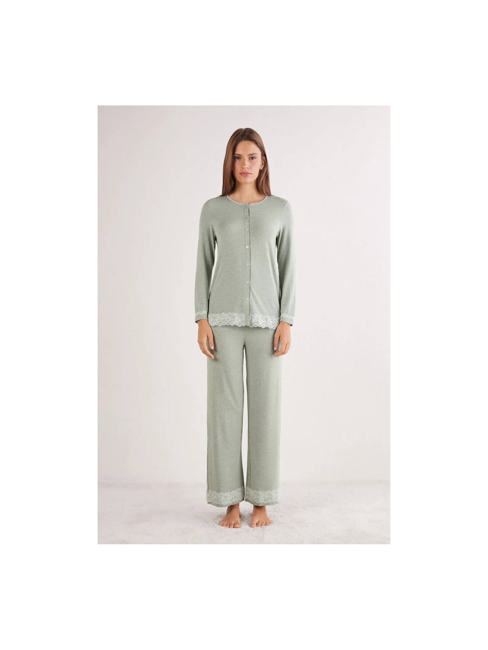 Pijama Comprido Com Camisa Em Modal e Renda Verde Intimissimi