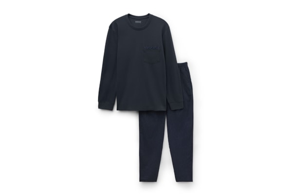 Pijama Comprido Em Algodão Com Risca De Giz - Azul