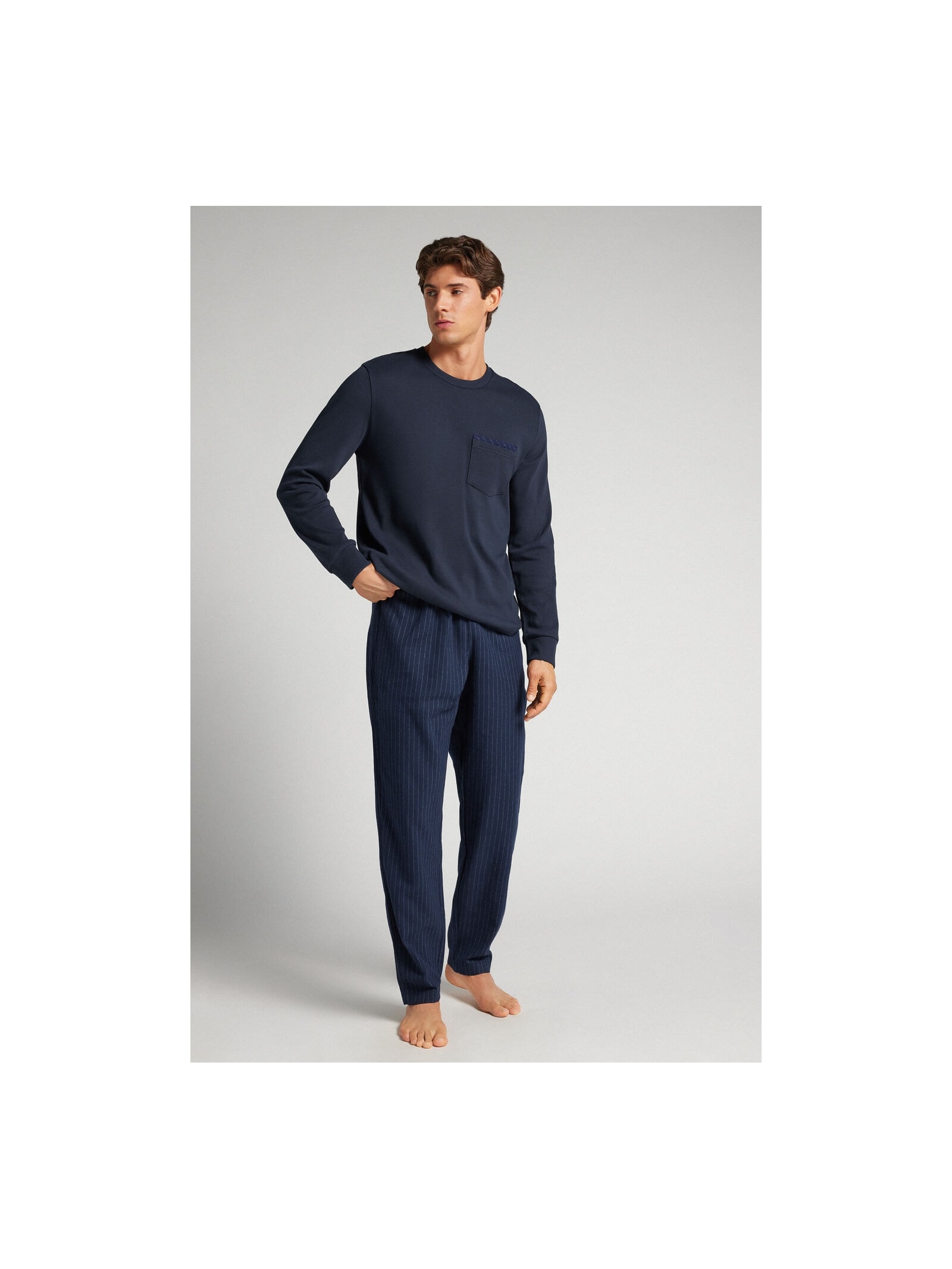 Pijama Comprido Em Algodão Com Risca De Giz Azul Intimissimi