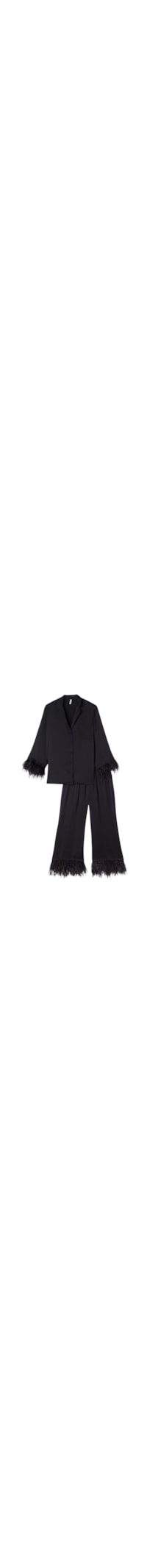 Pijama Comprido Em Cetim De Viscose Com Plumas - Preto