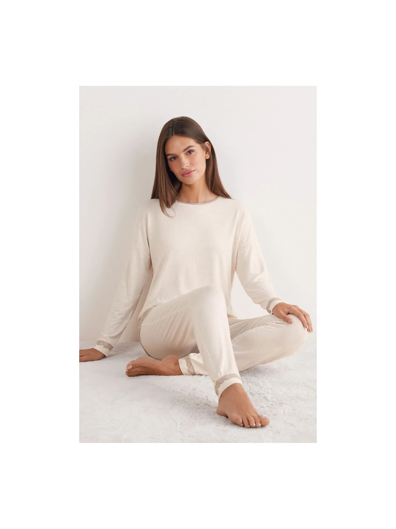 Pijama Comprido Em Modal Com Renda Off-White Intimissimi