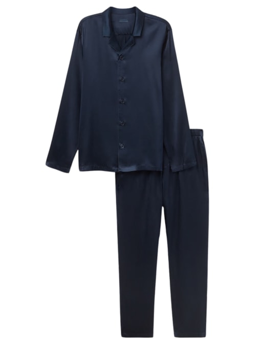 Pijama Comprido Em Seda - Azul