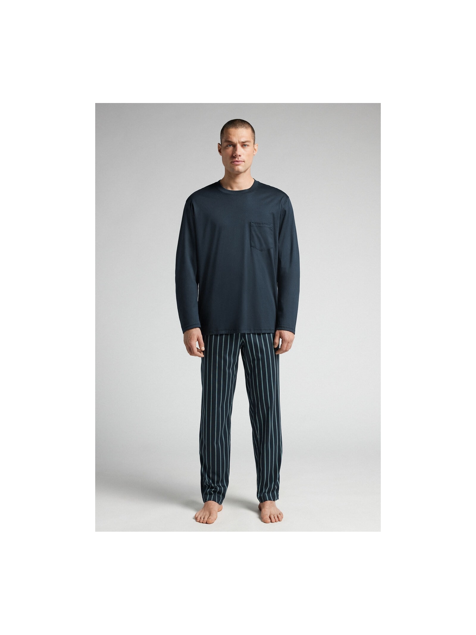 Pijama Comprido Listrado Em Algodão Premium Azul Intimissimi