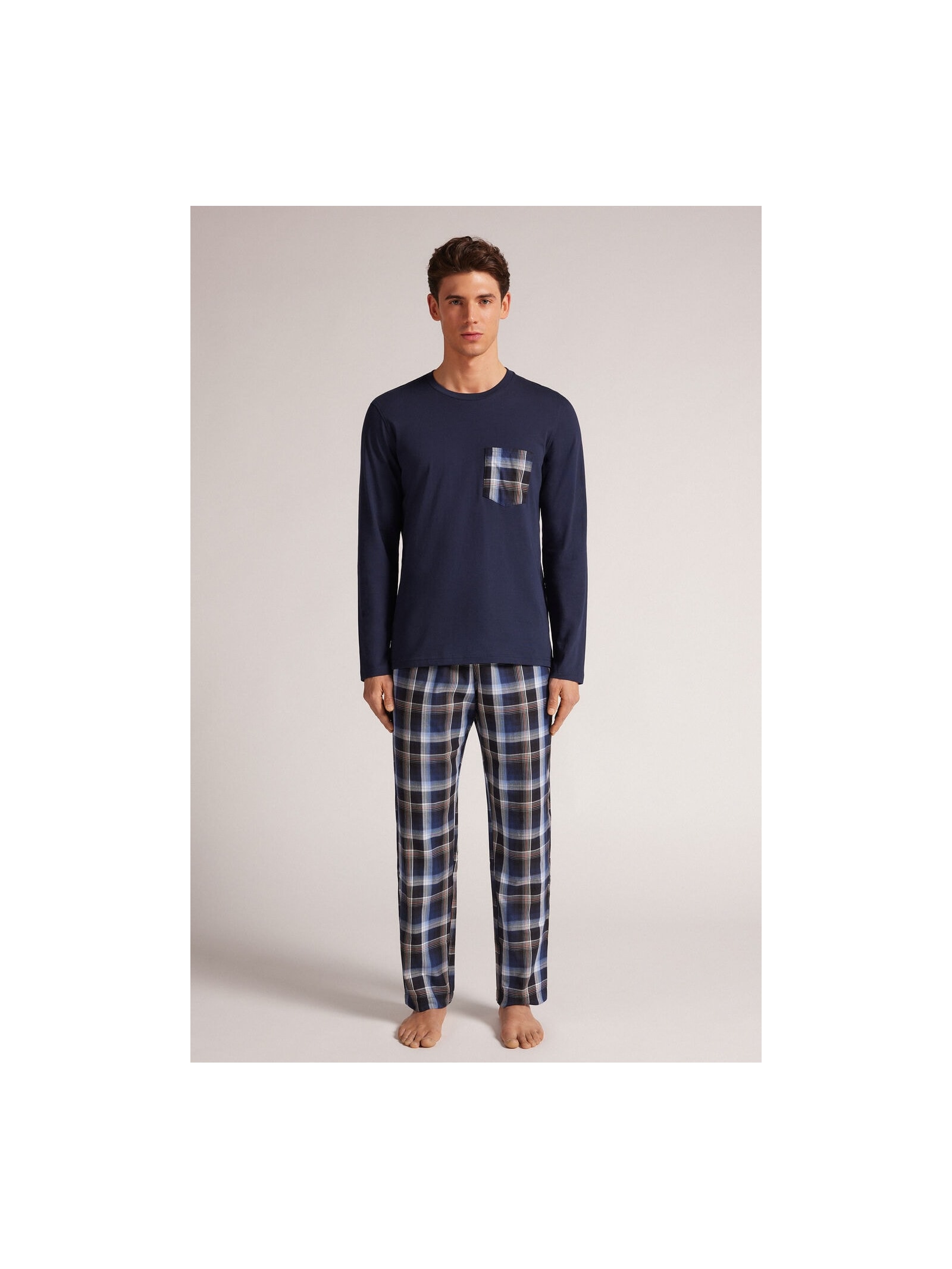 Pijama Comprido Xadrez Em Algodão Azul Intimissimi