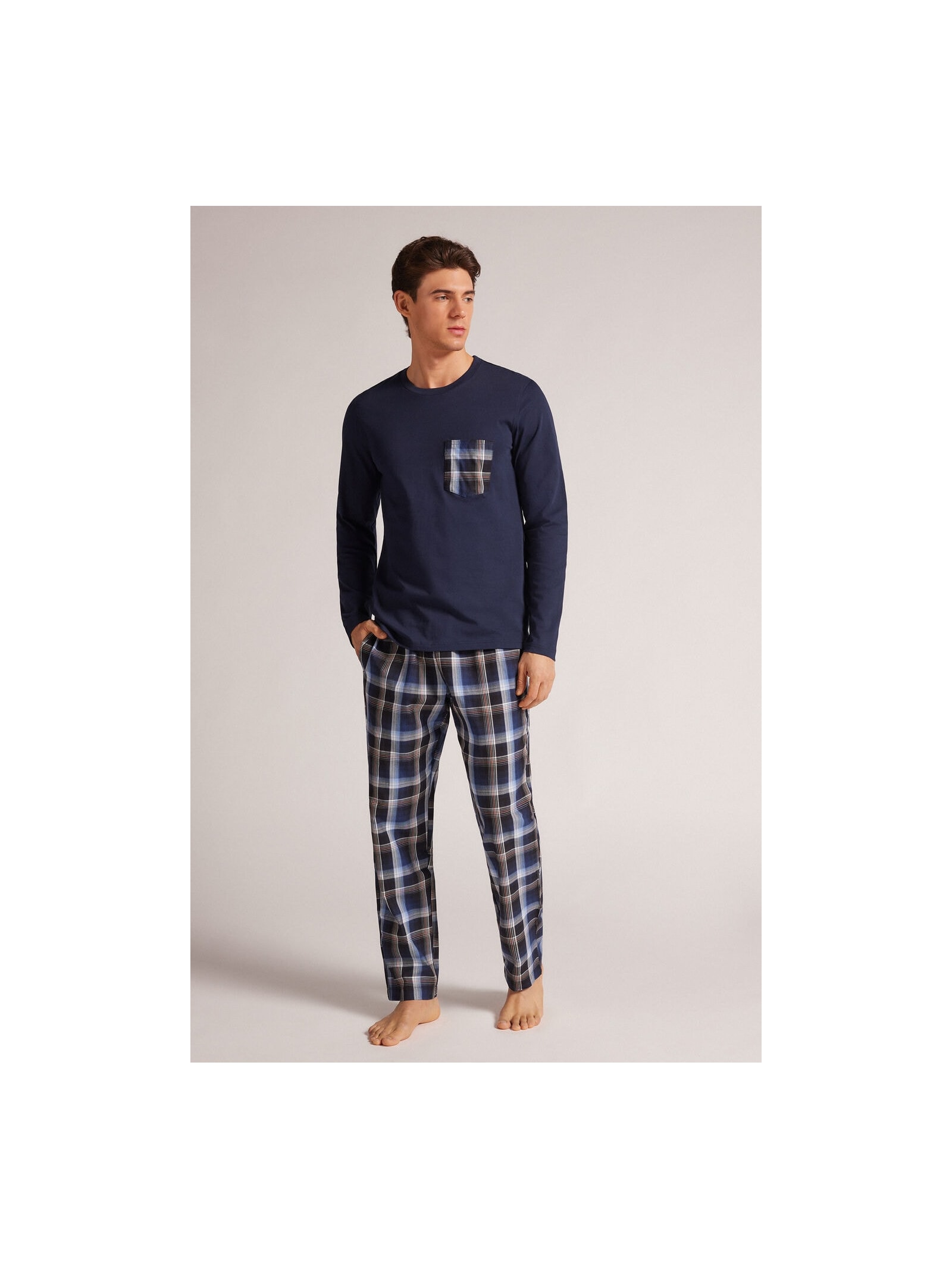 Pijama Comprido Xadrez Em Algodão Azul Intimissimi