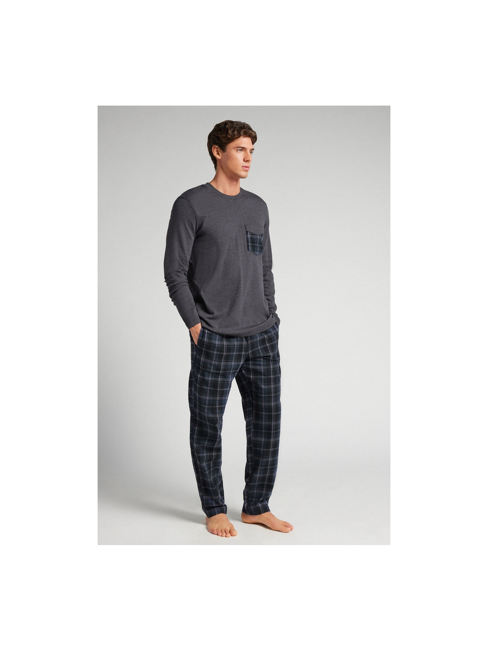Pijama Comprido Xadrez Em Algodão Azul Intimissimi
