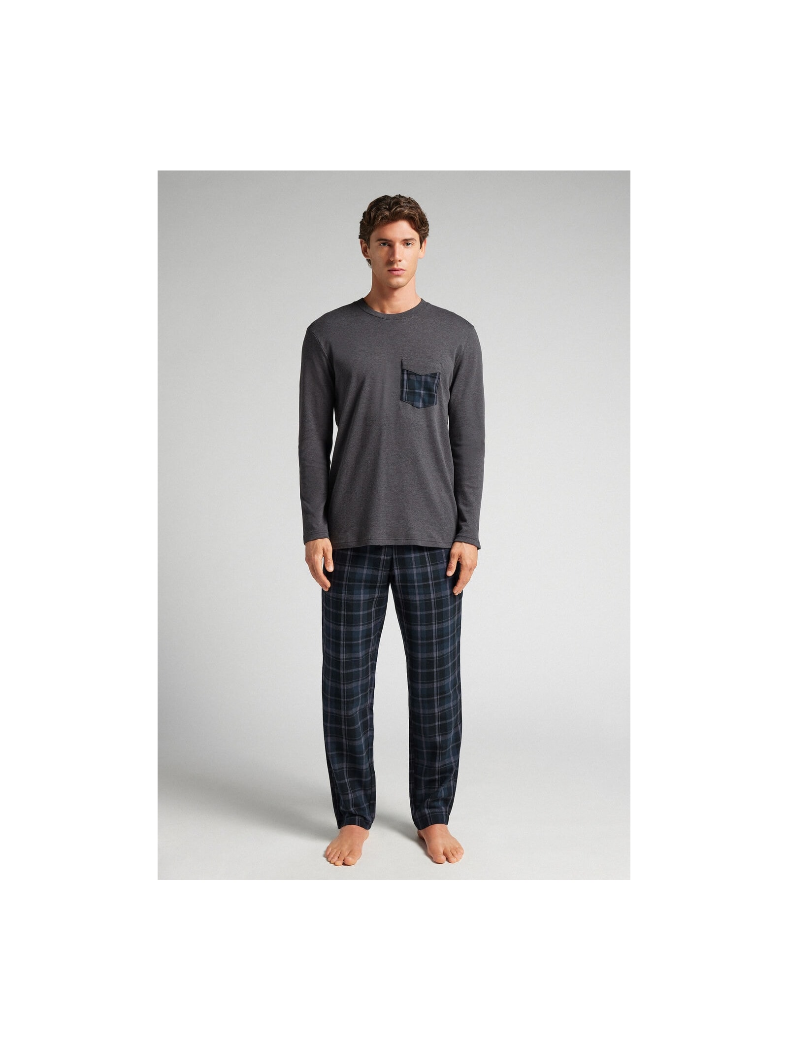 Pijama Comprido Xadrez Em Algodão Azul Intimissimi