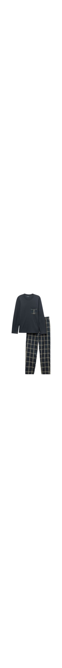 Pijama Comprido Xadrez Em Algodão - Azul