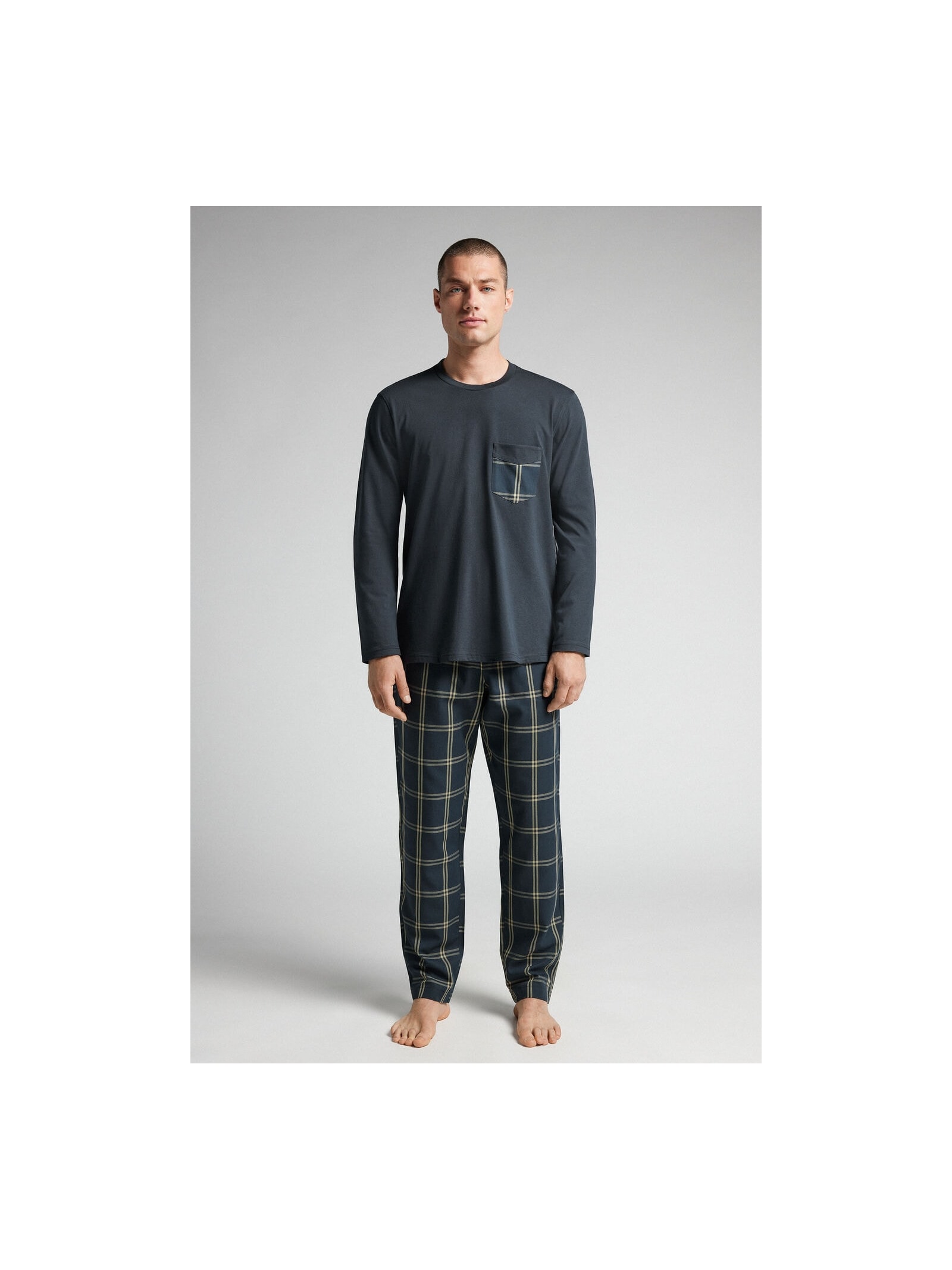 Pijama Comprido Xadrez Em Algodão Azul Intimissimi