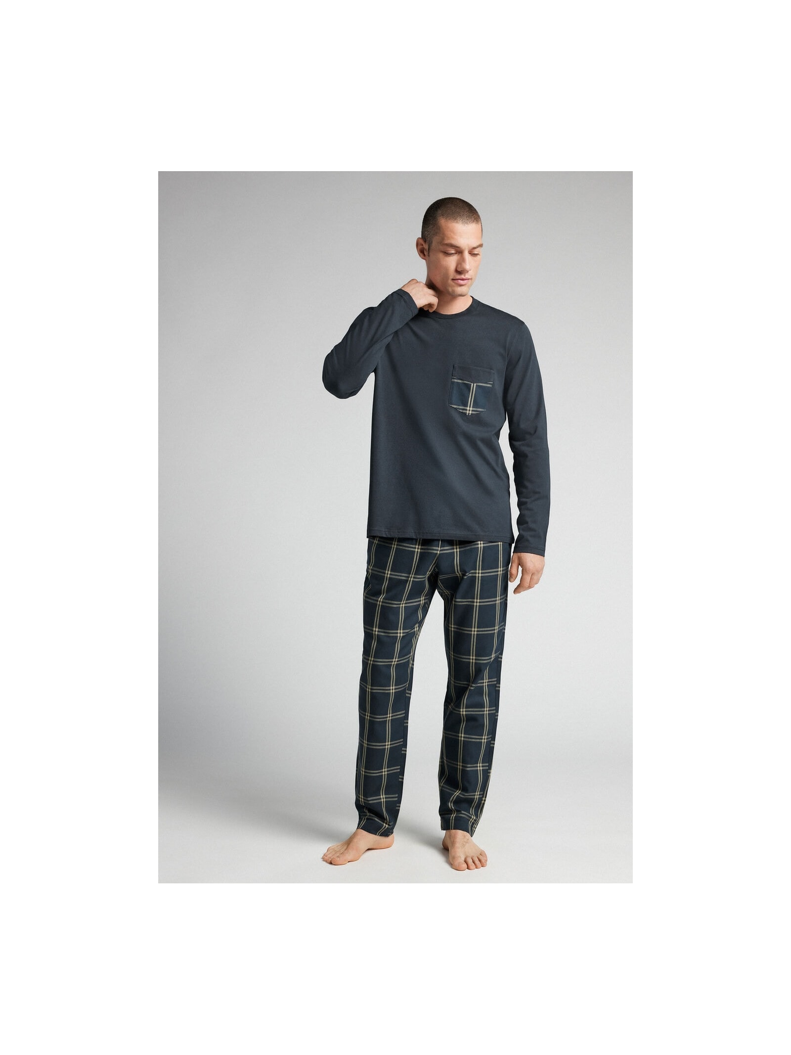 Pijama Comprido Xadrez Em Algodão Azul Intimissimi