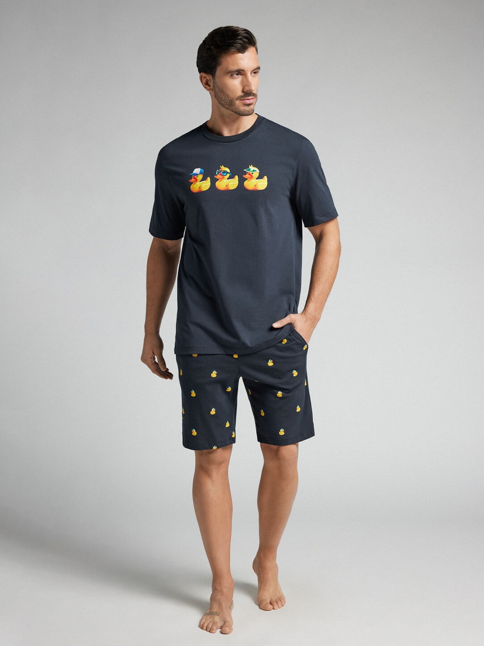 Pijama Curto Com Estampa De Patos Em Algodão Azul Intimissimi