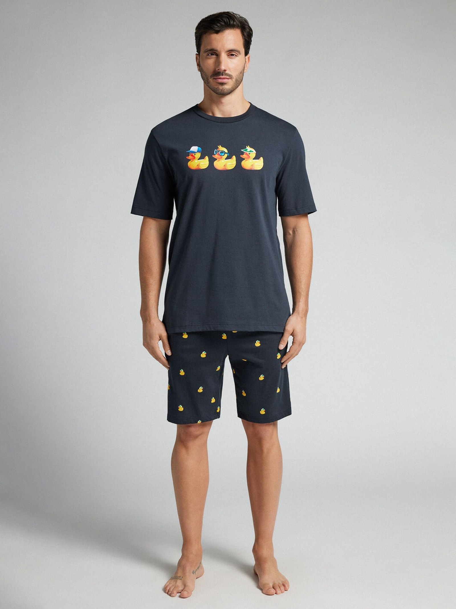 Pijama Curto Com Estampa De Patos Em Algodão Azul Intimissimi