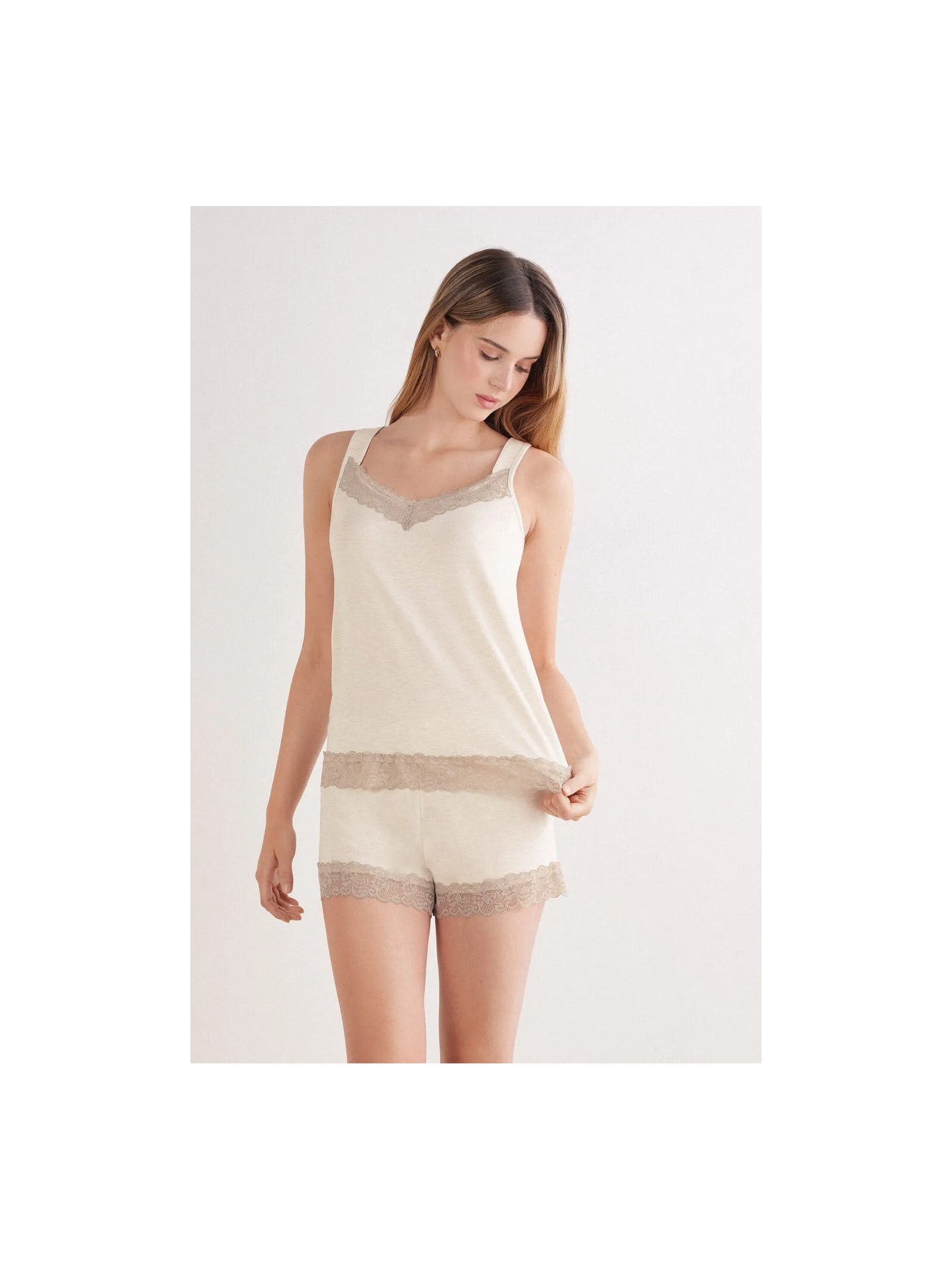 Pijama Curto De Regata Em Modal Com Renda Off-White Intimissimi