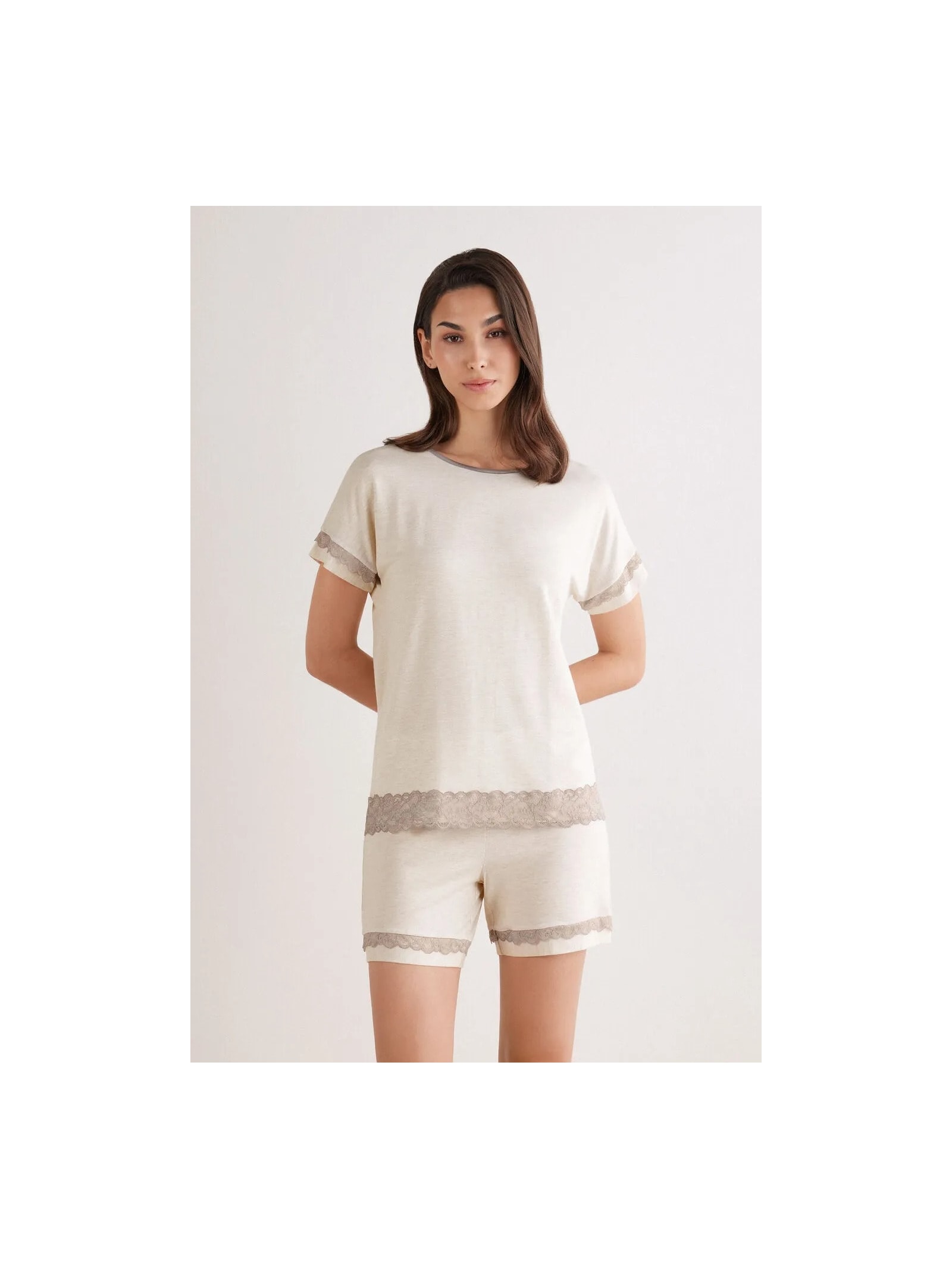 Pijama Curto Em Modal Com Renda Off-White Intimissimi