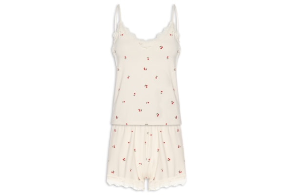 Pijama Curto Feminino Estampado Com Renda - Bege