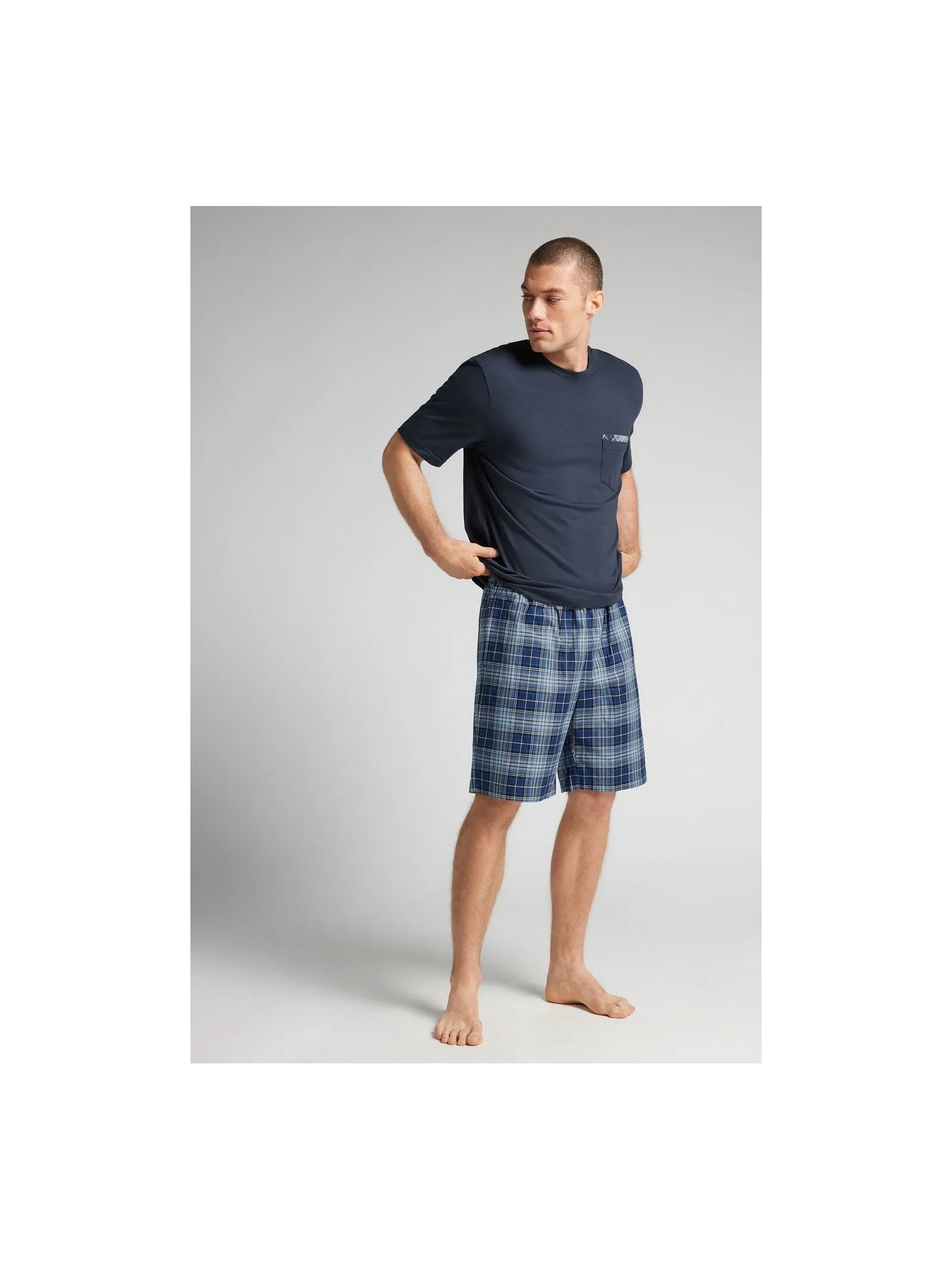 Pijama Curto Xadrez Em Algodão Azul Intimissimi