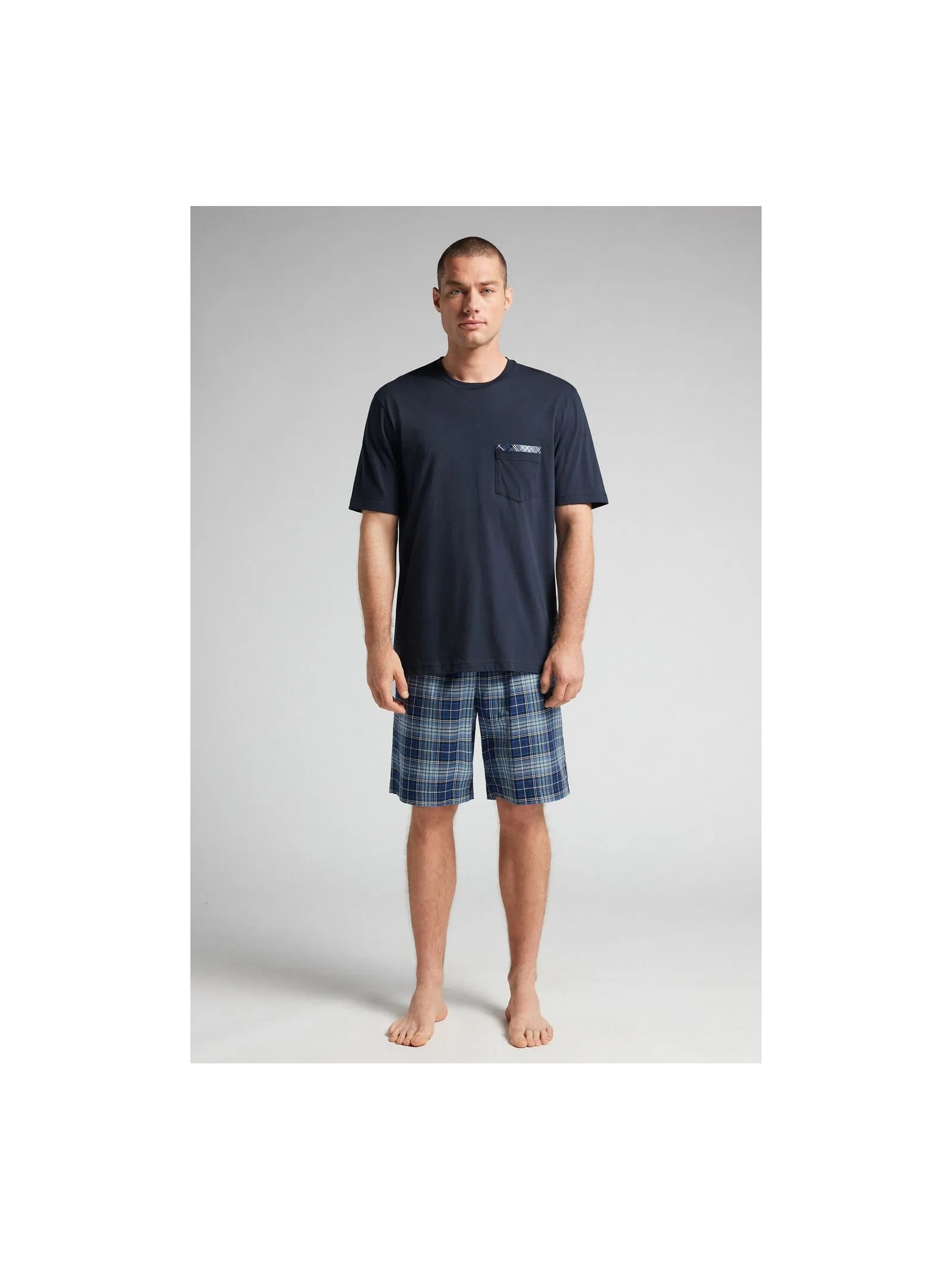 Pijama Curto Xadrez Em Algodão Azul Intimissimi