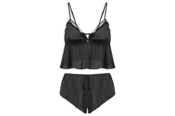 Pijama Feminino Baby Doll Alças Finas Em Cetim Com Renda Love Stories Glow - Preto