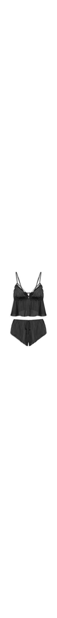 Pijama Feminino Baby Doll Alças Finas Em Cetim Com Renda Love Stories Glow - Preto