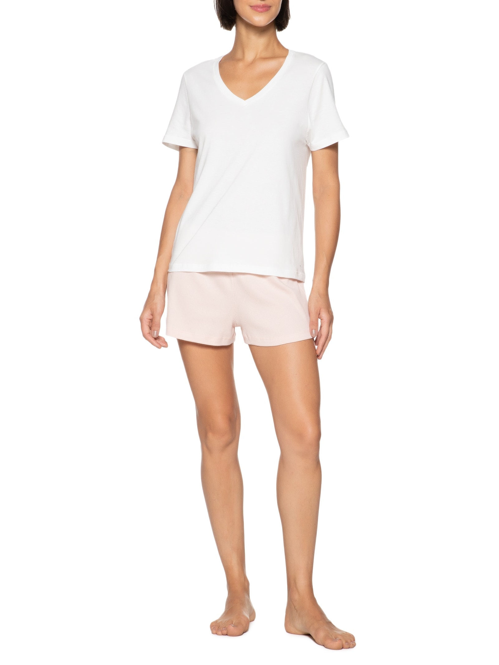 Pijama Feminino Curto Em Malha De Algodão Off white Hering Intimates