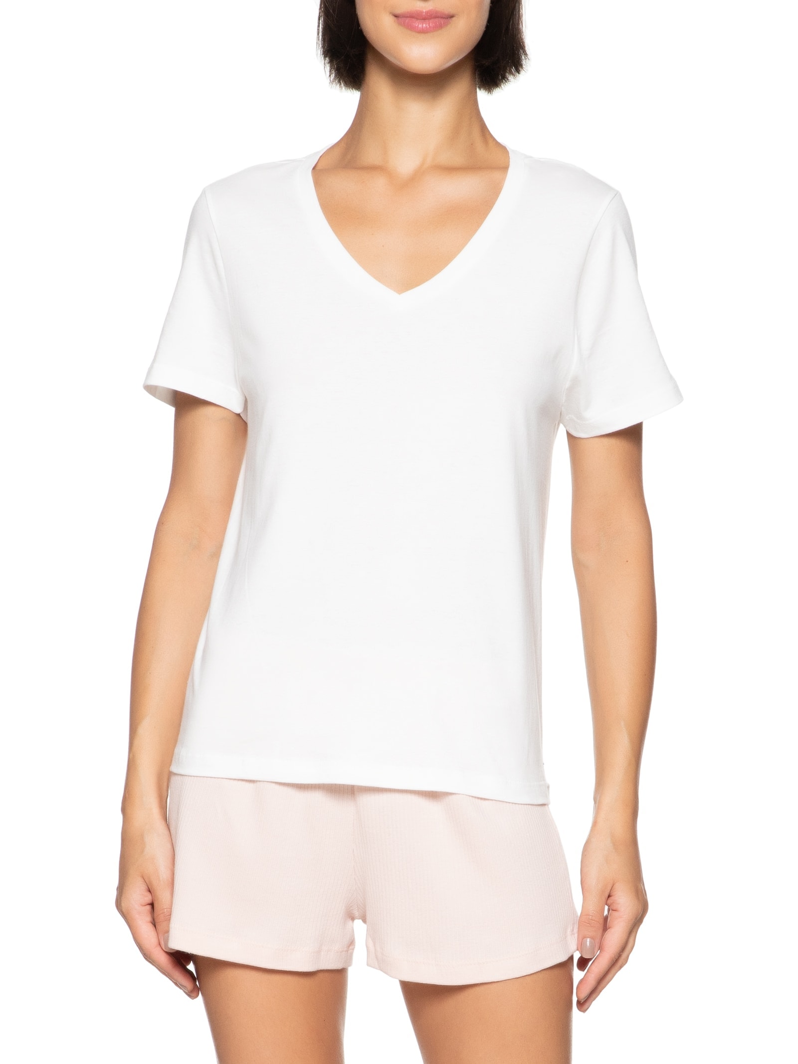 Pijama Feminino Curto Em Malha De Algodão Off white Hering Intimates