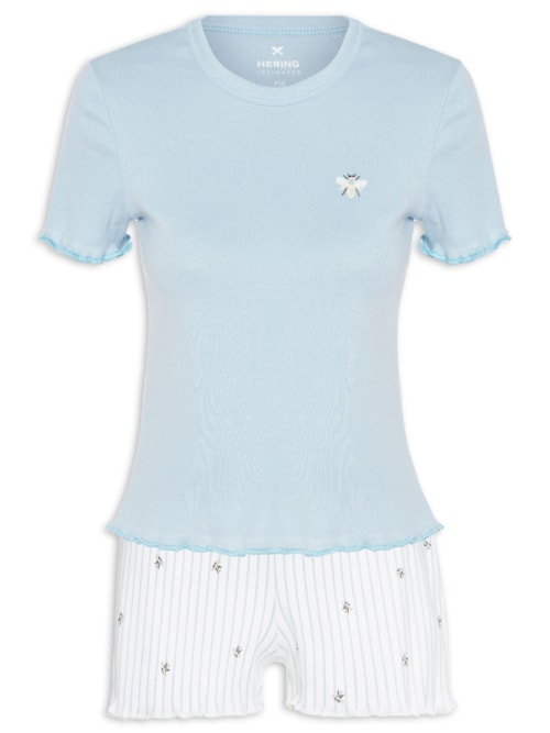 Pijama Feminino Curto Estampado Com Frufru – Azul