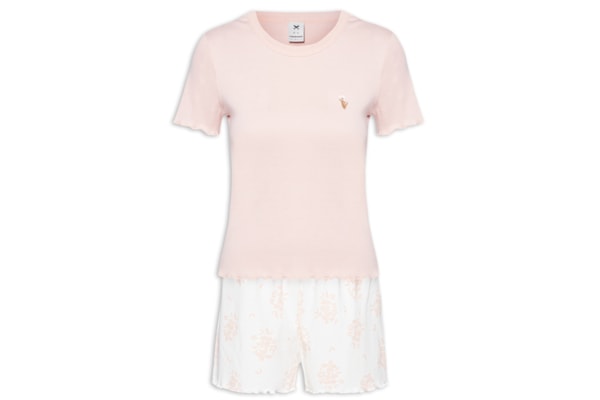 Pijama Feminino Curto Estampado Com Frufru - Rosa