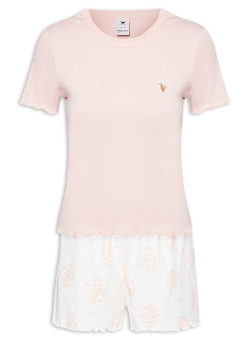 Pijama Feminino Curto Estampado Com Frufru - Rosa