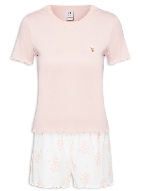 Pijama Feminino Curto Estampado Com Frufru - Rosa