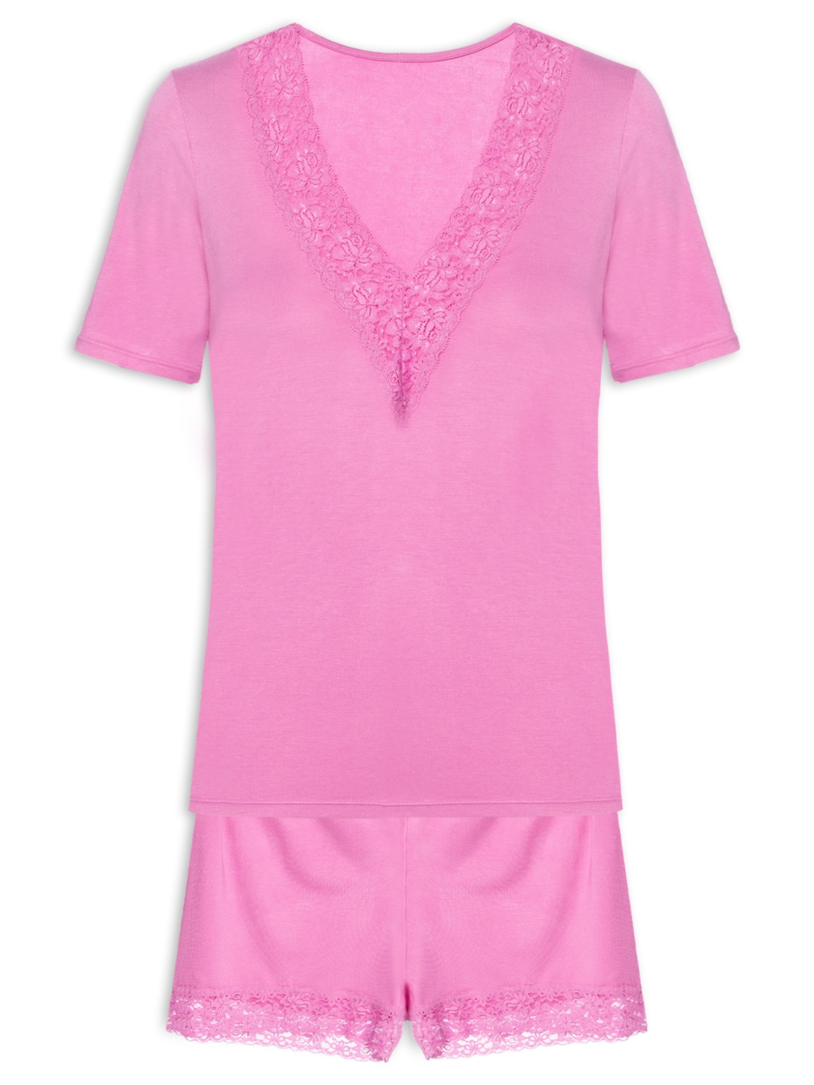 Pijama Feminino Doll Manga Curta em Viscose e Renda Happy Rosa Hope