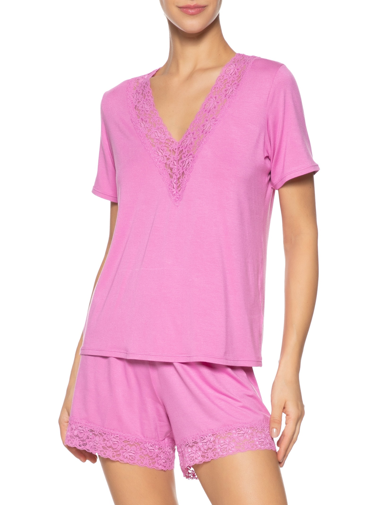 Pijama Feminino Doll Manga Curta em Viscose e Renda Happy Rosa Hope