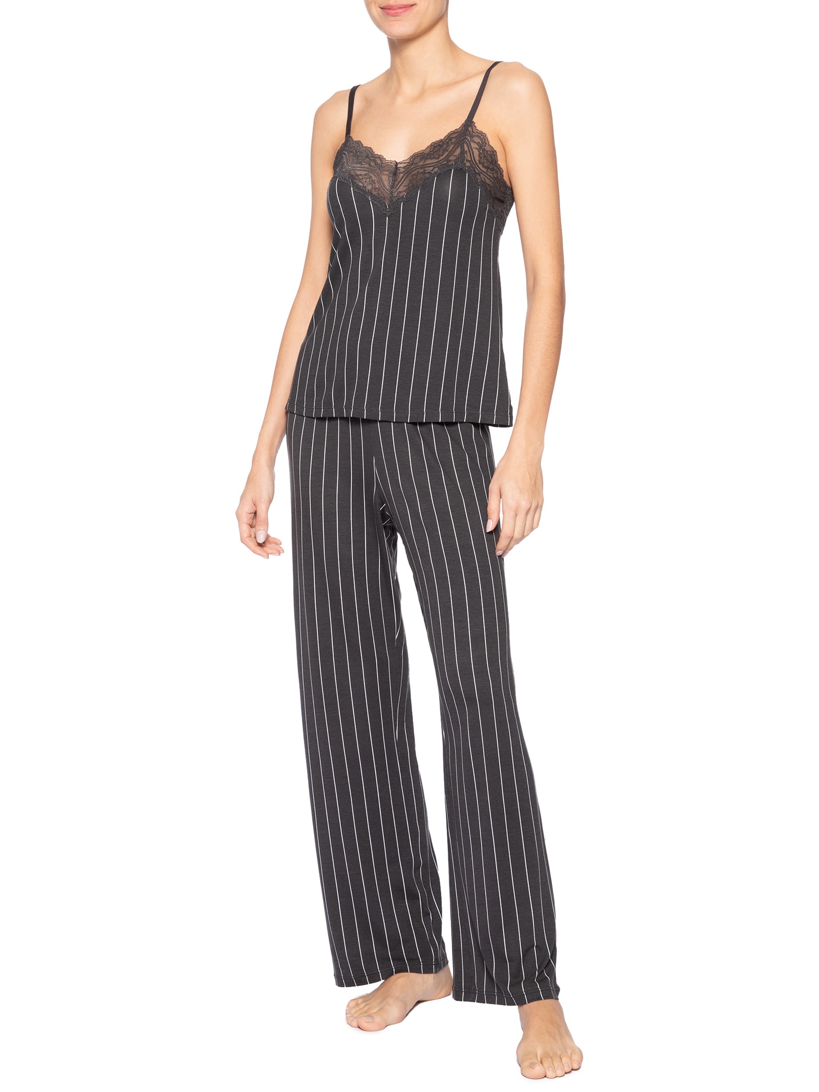 Pijama Feminino Longo Alças Finas Em Viscose Estampada E Renda Love Stories Azul Hope