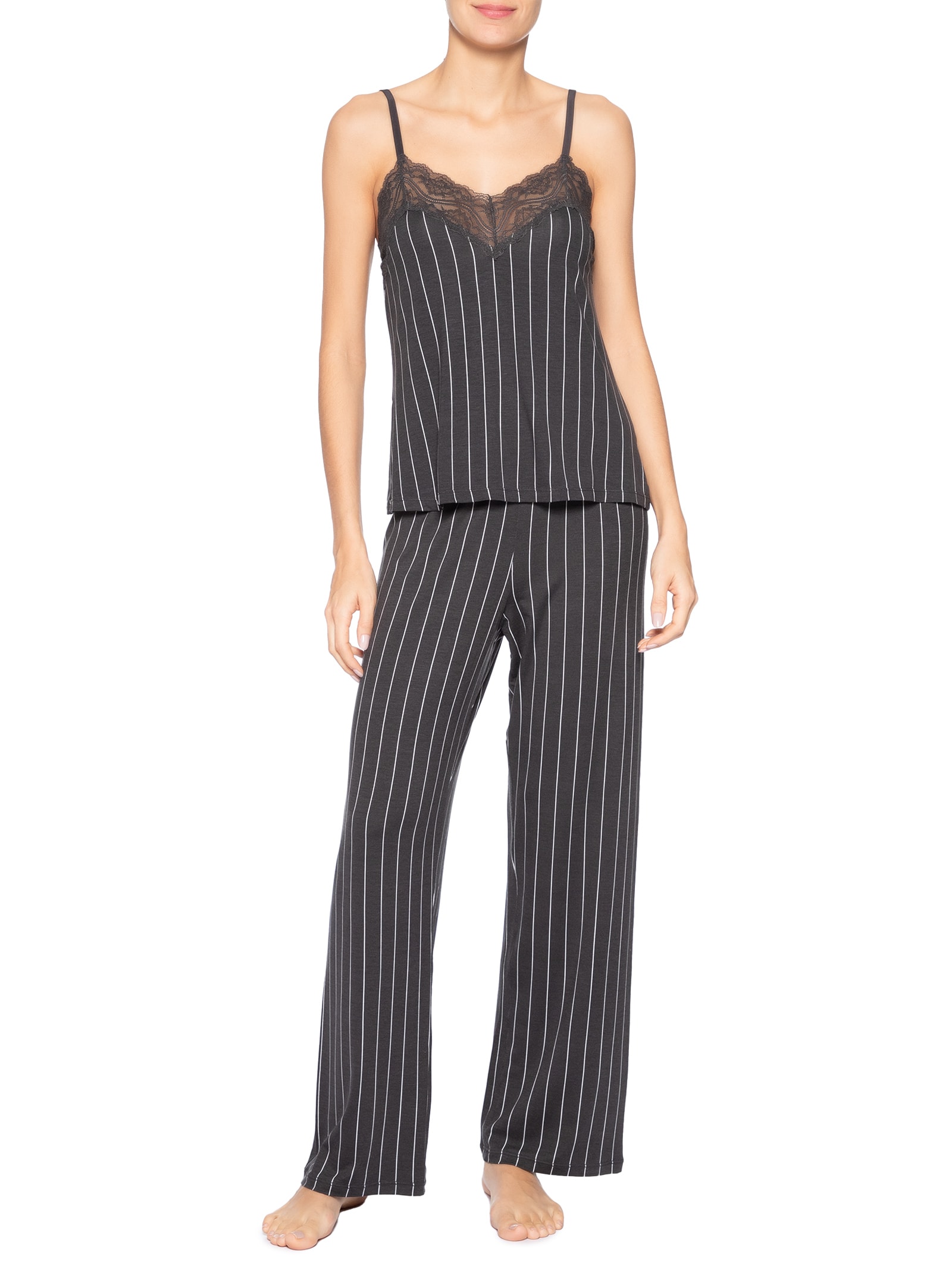 Pijama Feminino Longo Alças Finas Em Viscose Estampada E Renda Love Stories Cinza Hope