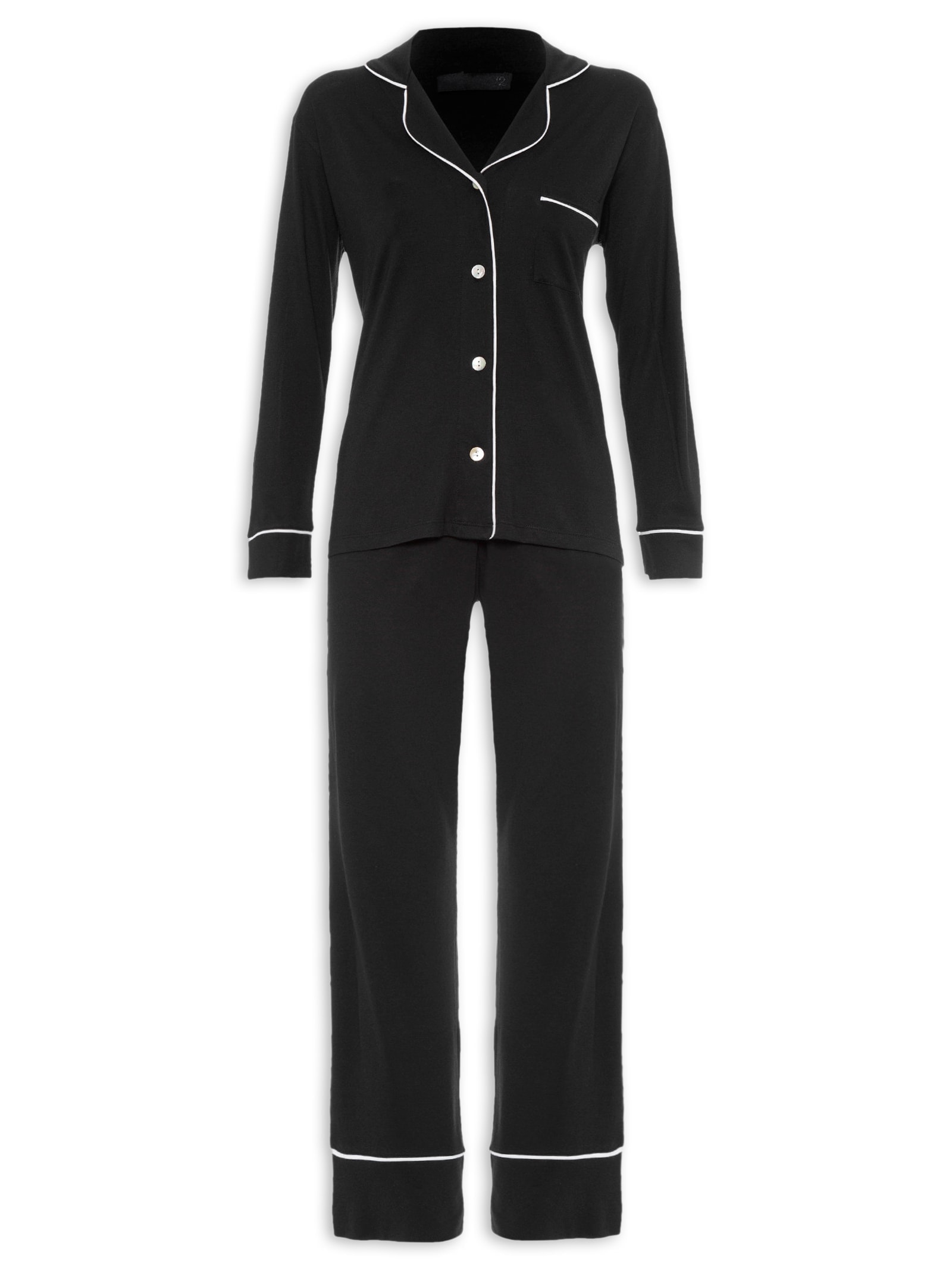 Pijama Feminino Longo Com Botão De Algodão Pima Preto '2Essential
